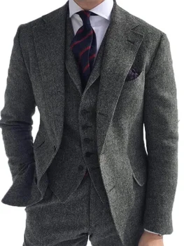 3 pezzi abiti da uomo in lana verde tweed a spina di pesce business retrò modello classico smoking per giacca da sposa pantaloni gilet 1