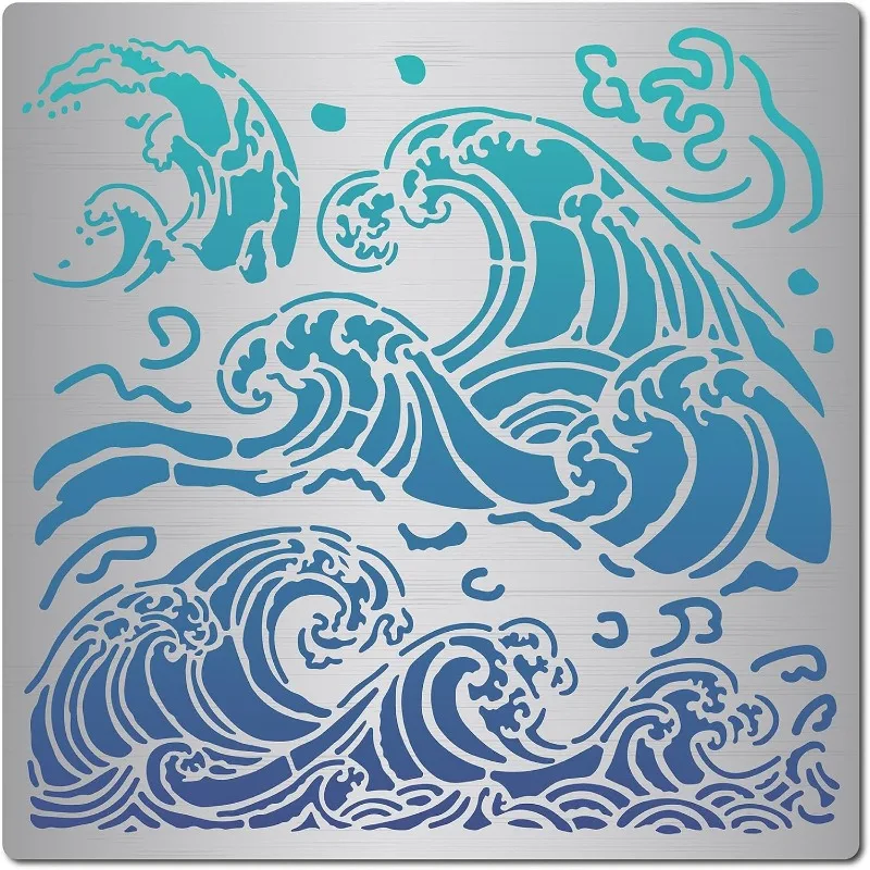 MAYJOYDIY Stencil Onde Oceaniche 30x20 Cm, 3 Motivi Mare Calmo E Agitato + Pennello, Modello Riutilizzabile In PET Per Pittura Su Mobili, Tela, Pareti E Decorazioni Estive