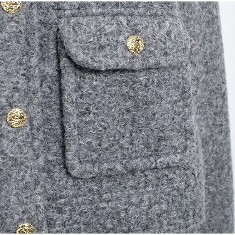 Elegant Woolen Blends Coat For Women O-neck Metal Button Gray Long Sleeve Pockets Jackets Autumn Lady High Street Outwear