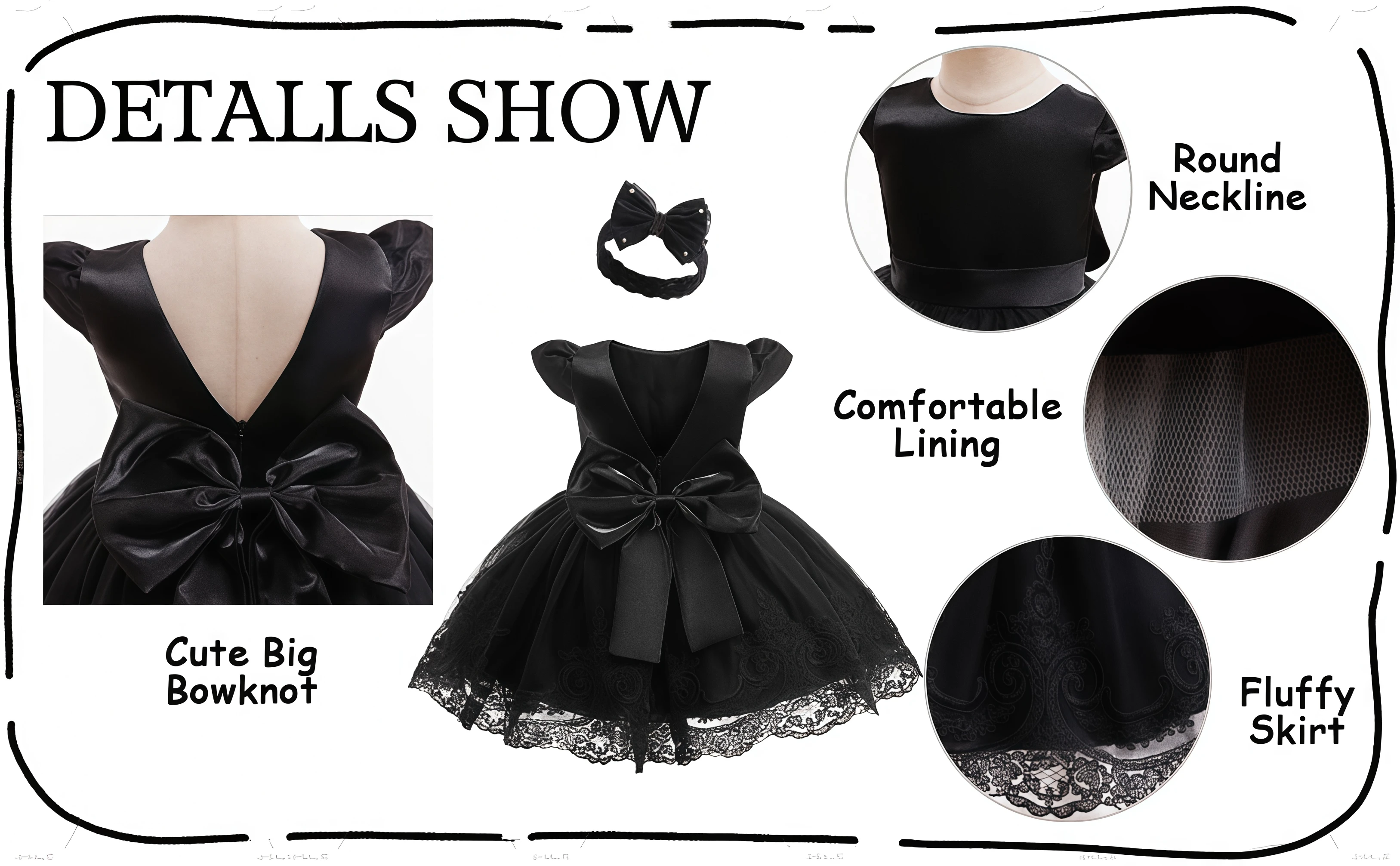Süßes Blumenmädchenkleid mit Schleife und V-Rücken, Stickerei, Tüllkleid mit Stirnband für Kleinkinder, Babys, Festzug, Hochzeit, Party, Geburtstag, Taufe – Detail 2