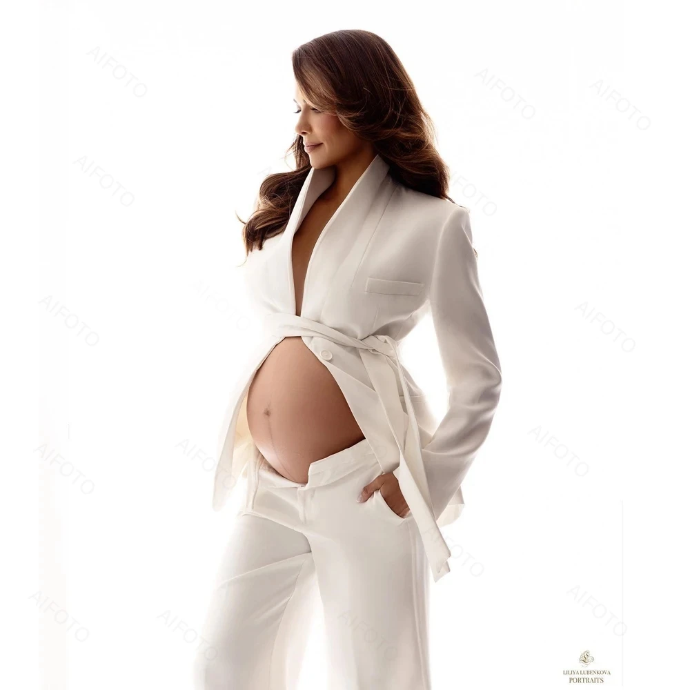 White OL Suit Maternity Photoshoot Outfit Suit Lace Up Long Sleeve Blazer Clothes Chic Chest Chain For Pregnant Women Photograph