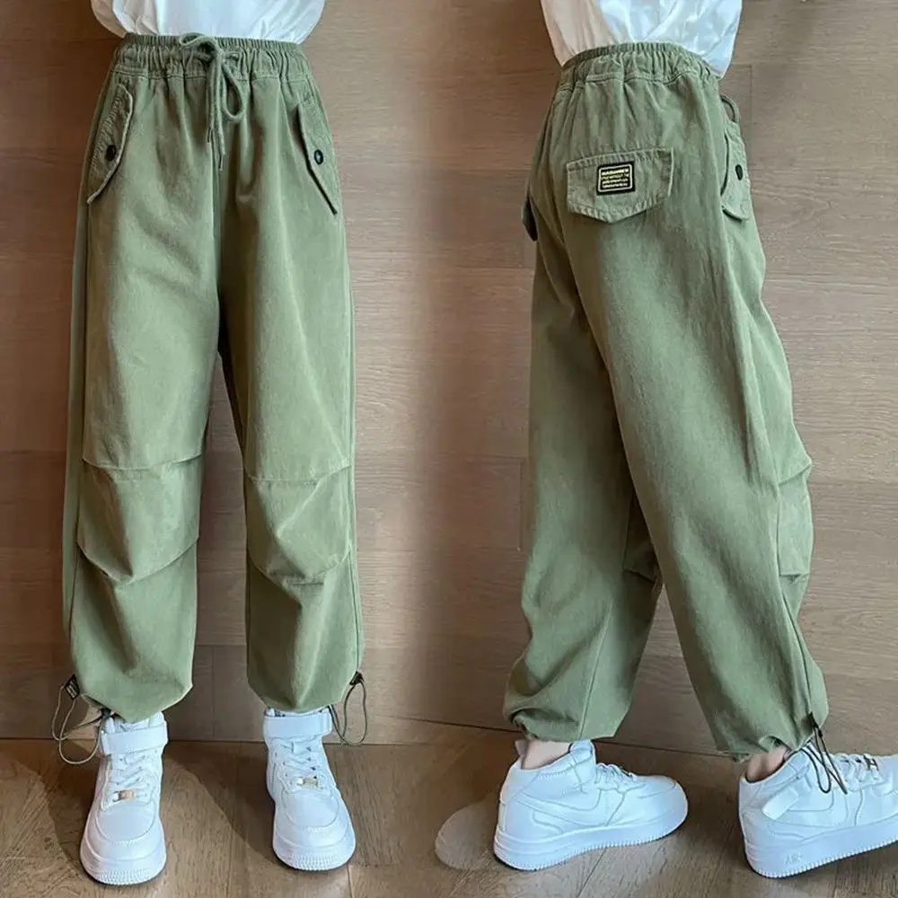 4-14 Years Girls Cargo Pants Brown Green Cotton Casual Full Pants