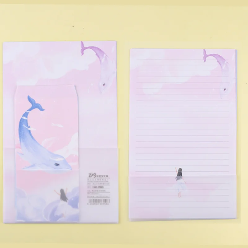 Kawaii Dolphin Envelopes Letter Paper Set Cute School Office Supplies Stationery Writing Letterhead 6 Letter Paper + 3 Envelopes