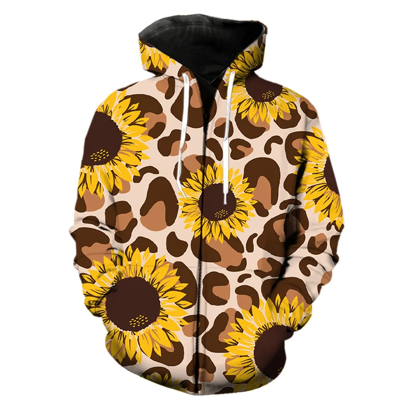 

Fashion Sunflower Graphic Zipper Hoodie 3d Print Leopard Oversized Sweatshirts Men Spring Aututmn Long Sleeve Streetwear Hoodies