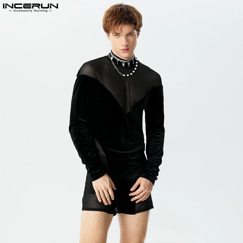 INCERUN 2024 Sexy Style Homewear Men's Suede Mesh Splicing Design Jumpsuits Fashion Male Flat Angle Long Sleeved Bodysuits S-3XL