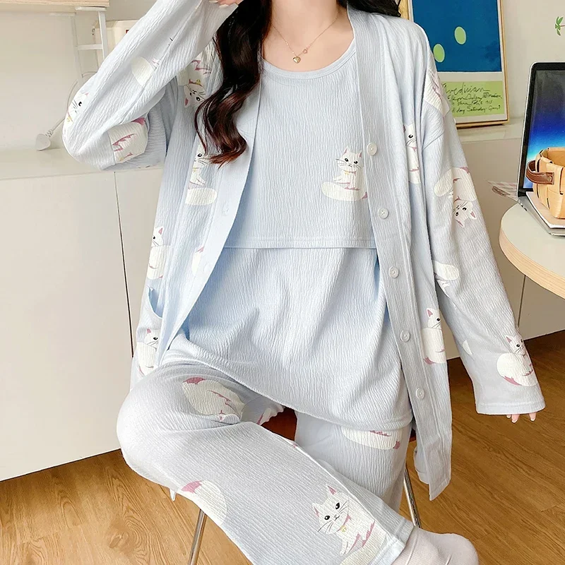 Cotton Maternity Nursing Sleepwear Sets 3PCS Spring Autumn Pajamas Clothes for Pregnant Women Pregnancy Home Hospital Sleep Wear 3pcs set printed cotton maternity nursing pajamas feeding sleepwear clothes for pregnant women spring pregnancy nightwear