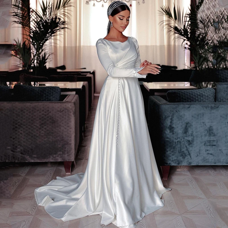

Simple A Line Wedding Dresses Formal Long Sleeves Scoop Neck Elegant Button Satin Bridal Gowns Sweep Train Robe Mariage Femme
