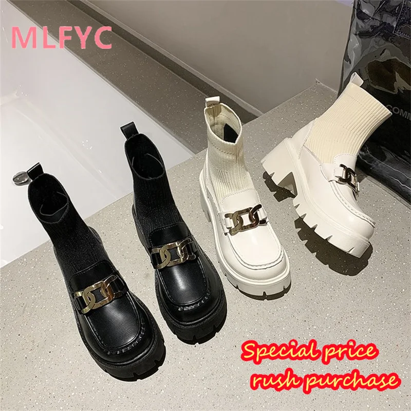 Thick Sole Small Leather Shoes for Women's Boots 2023 New Lefu Footwear Boots Autumn and Winter Single Shoe Socks Elastic Boots