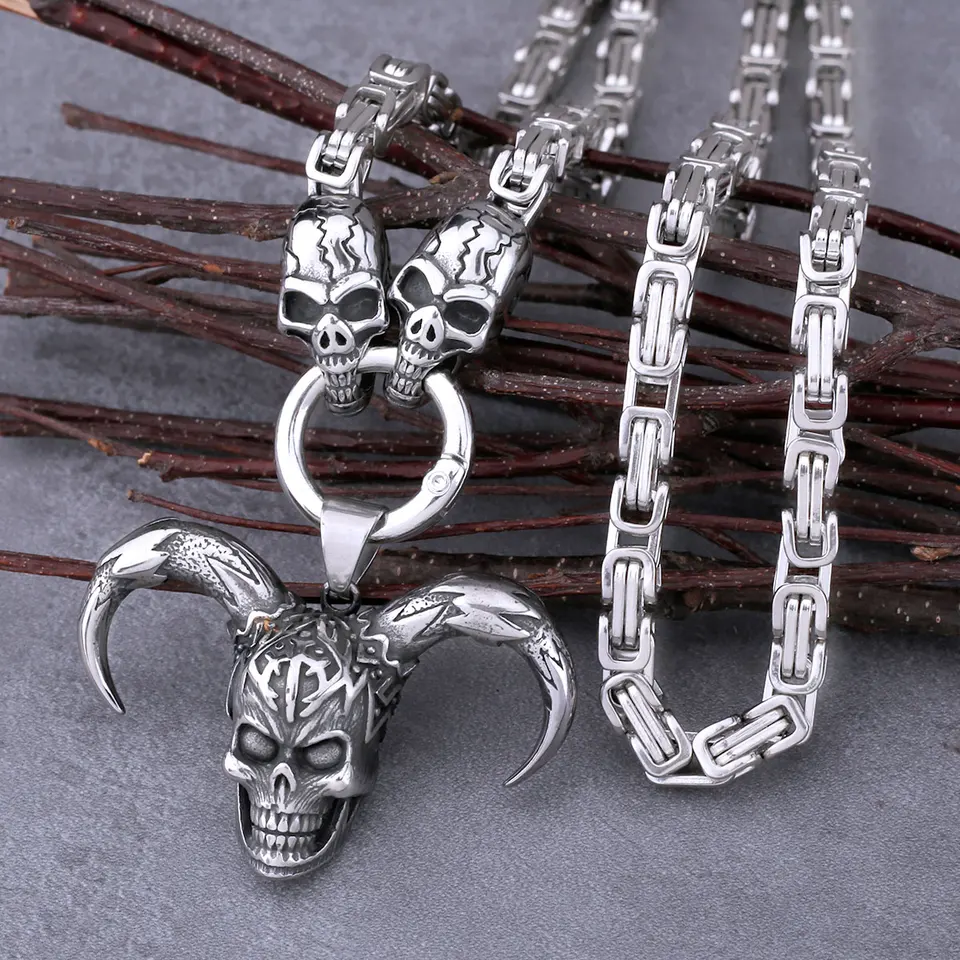 JKJF Set di 2 collane da diavolo con ciondolo a forma di teschio gotico, collana hip hop punk rock con teschio, collana vintage da motociclista per uomo – argento, Metallo