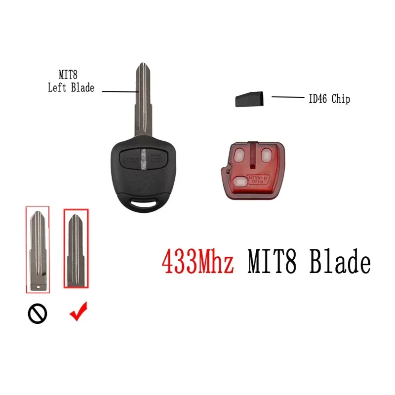 Car Remote Key Car Key 2 Buttons Remote Key 433MHz ID4 Chip For Mitsubishi L200 Shogun Outlander ASX Lancer Triton Lama Pajero MIT8 Blade