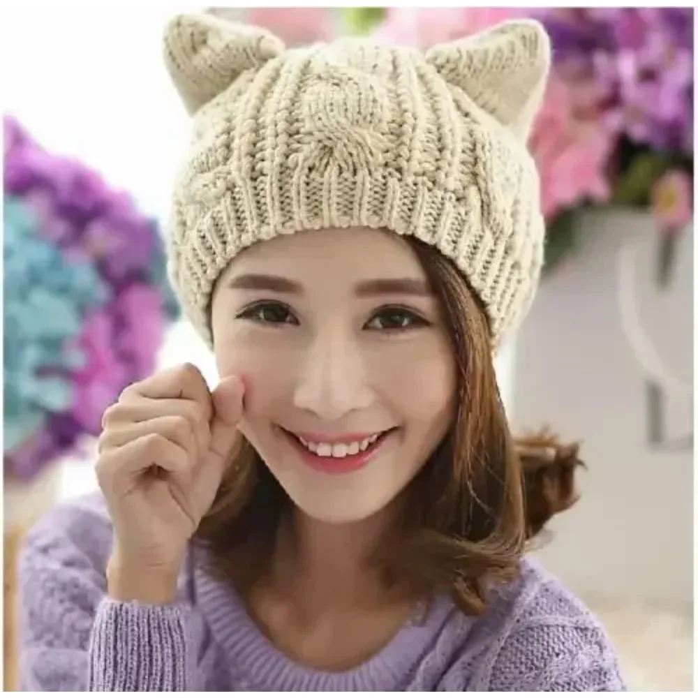 Solid Color Warm Cat Ear Knitted Hats Crochet Lugs Anime Beanies Women's Winter Hat Gilrls Kawaii Bonnet Femme Wool Cap 모자
