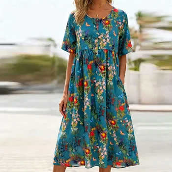 Plus-Size Women's Printed Dress, Round Neck, Short Sleeves, Half-Button Front, Casual Vacation Midi Dress, with Pockets