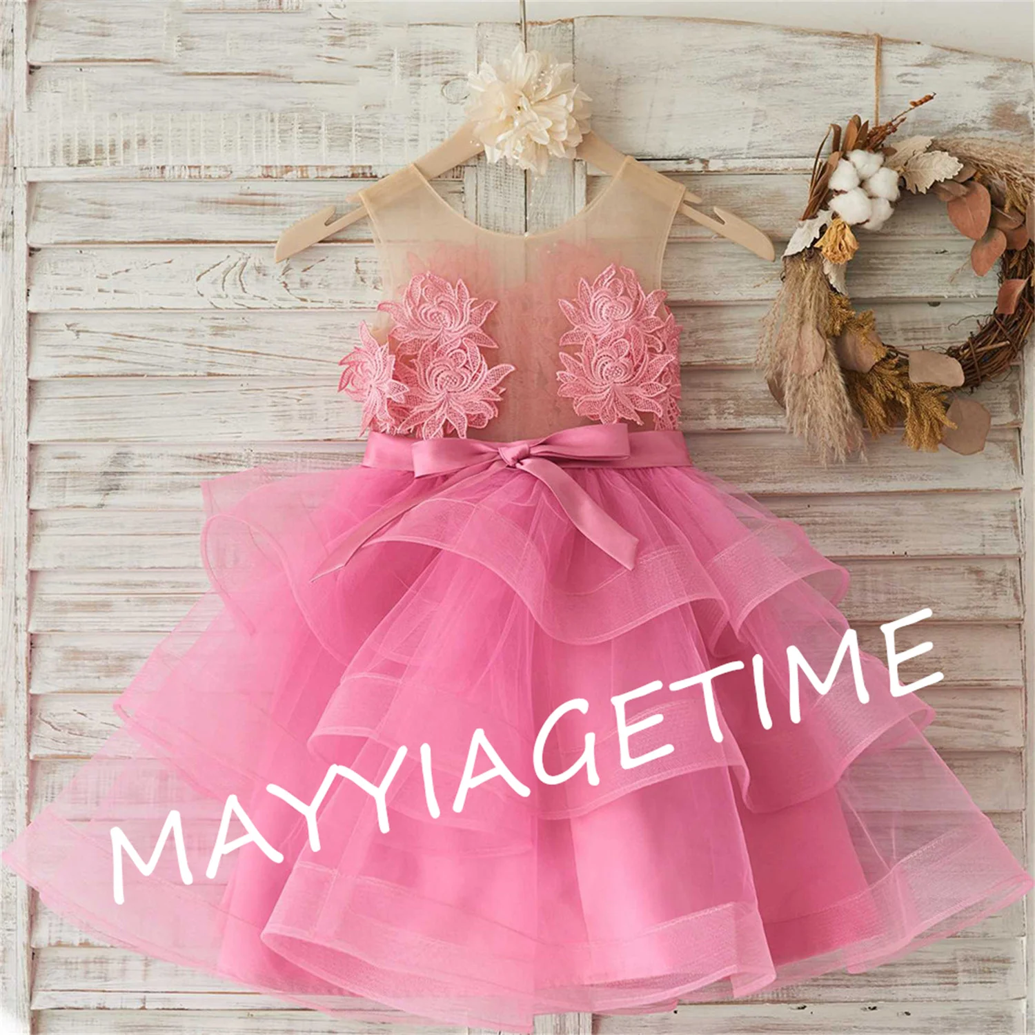

Puffy Pink Flower Emboridery Communion Dress Girl Tulle Layers Flower Girl Dress Backless Baby Little Bride Dresses Ball Gown