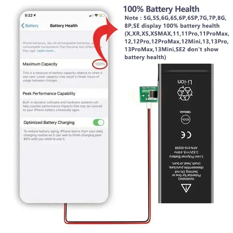 Zero-cycle Battery For iPhone SE 5 6 6S 5S 7 8 Plus X Xs Max Xr 11 Pro Mobile Phone Free Tools Sticker