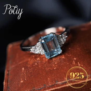 Potiy Sky Blue Topaz Emerald Cutring rings for women gift 925 sterling silver jewelry Free delivery elegant valentines fashion