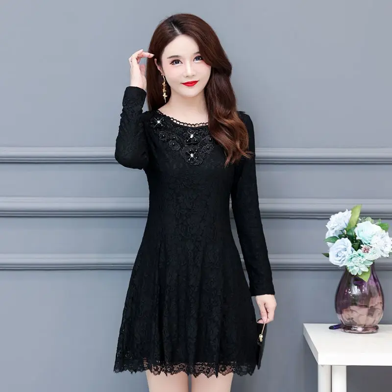 

Solid Lace Blouse For Women O-Neck Casual Slim Style Plus Size Clothing 2023 Autumn Winter Long Sleeve Shirt Blouses Top Q375