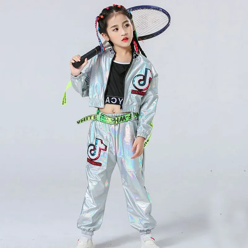

3PCS Children Performance Jazz Clothes Boys Hip Hop Set Girl Silver Jazz Dance Costume for Girl Catwalk Dance Costume