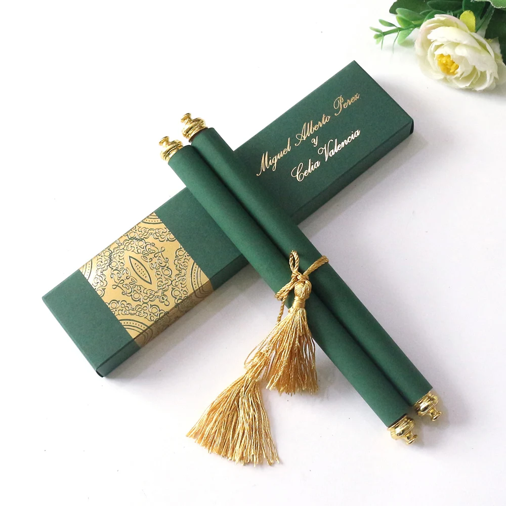 100Pcs Custom Elegant Scroll Wedding Invitations Personalized Luxury Green  Paper Birthday Party Invitation Card With Tassel Box - AliExpress
