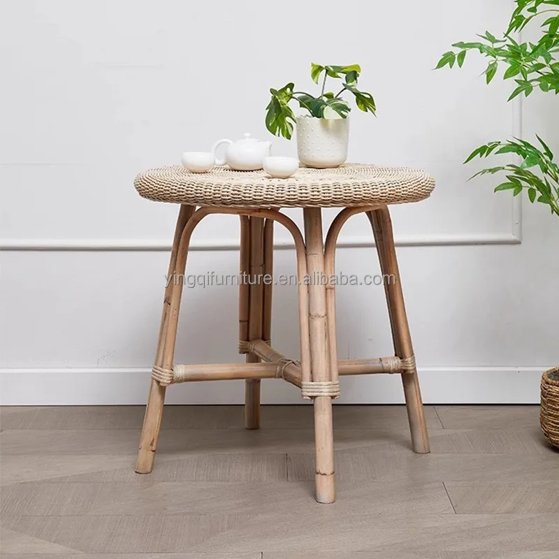 Rustic Round Tall Side Table Small Round Coffee Table with Storage Wicker Sofa Side Handmade
