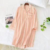 2026 Spring and Summer New Long-Sleeved Nightgowns Cotton Women's Mid-Length Cotton Sleepshirts Home stripe Knee-Length - Image 3