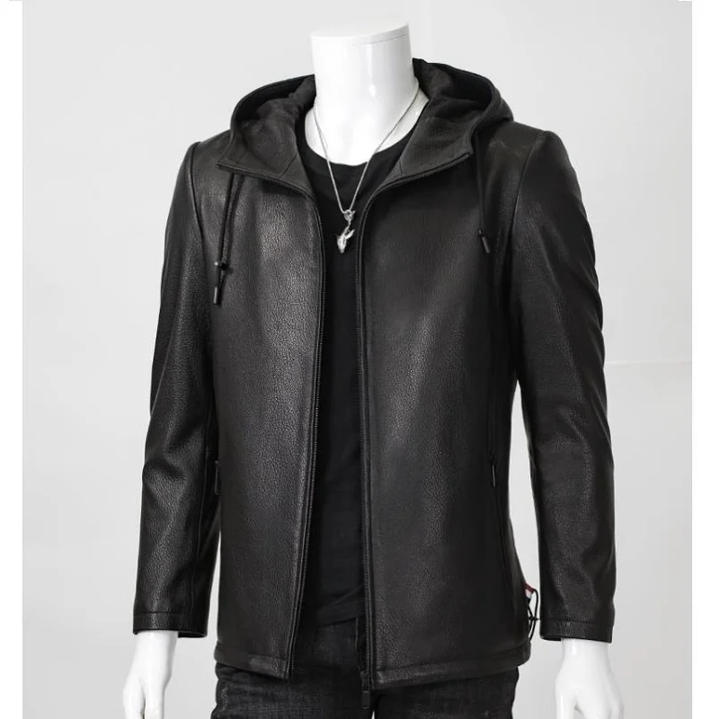 

deerskin Free shipping.Winter father Luxury jacket.Super warm detachable white duck down liner.genuine leather hoodies.Brand