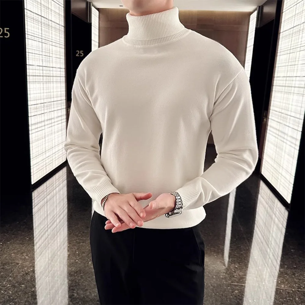 Korean Fashion Autumn Winter Sweaters Men Pullovers Fleece Turtleneck Knitted Sweatshirt Warm Bottoming Shirts 3