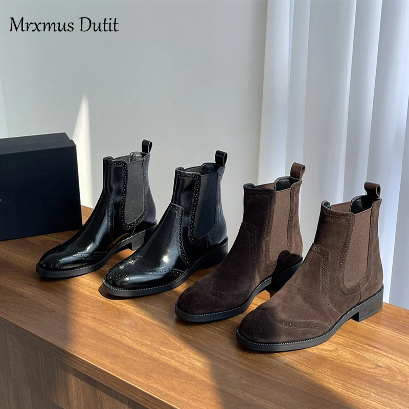 

Mrxmus Dutit Winter New Women's Shoe Head Layer Cowhide Round Head Carved Flat Mid-Heel Ankle Boots English Style Chelsea Boots
