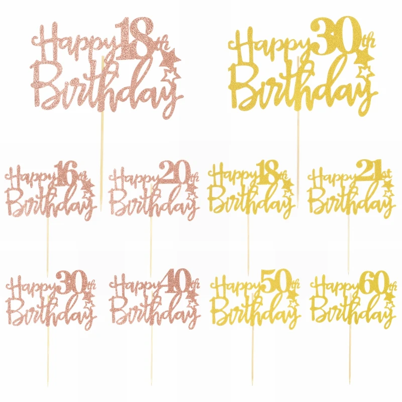 3/5 Pz Buon Compleanno Cake Topper 16 18 20 21 30 40 50 60 Anni Festa Di Compleanno Torta Top Bandiere Decorazione Cottura Accessori Fai Da Te