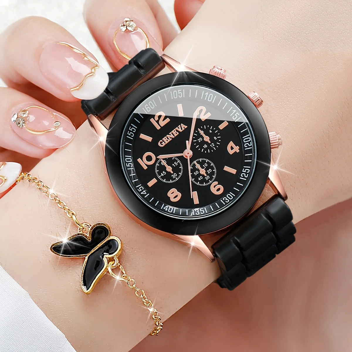 Womens Watch 5/6PCS Casual Silicone Band Quartz Butterfly Jewelry Set(Without Box)