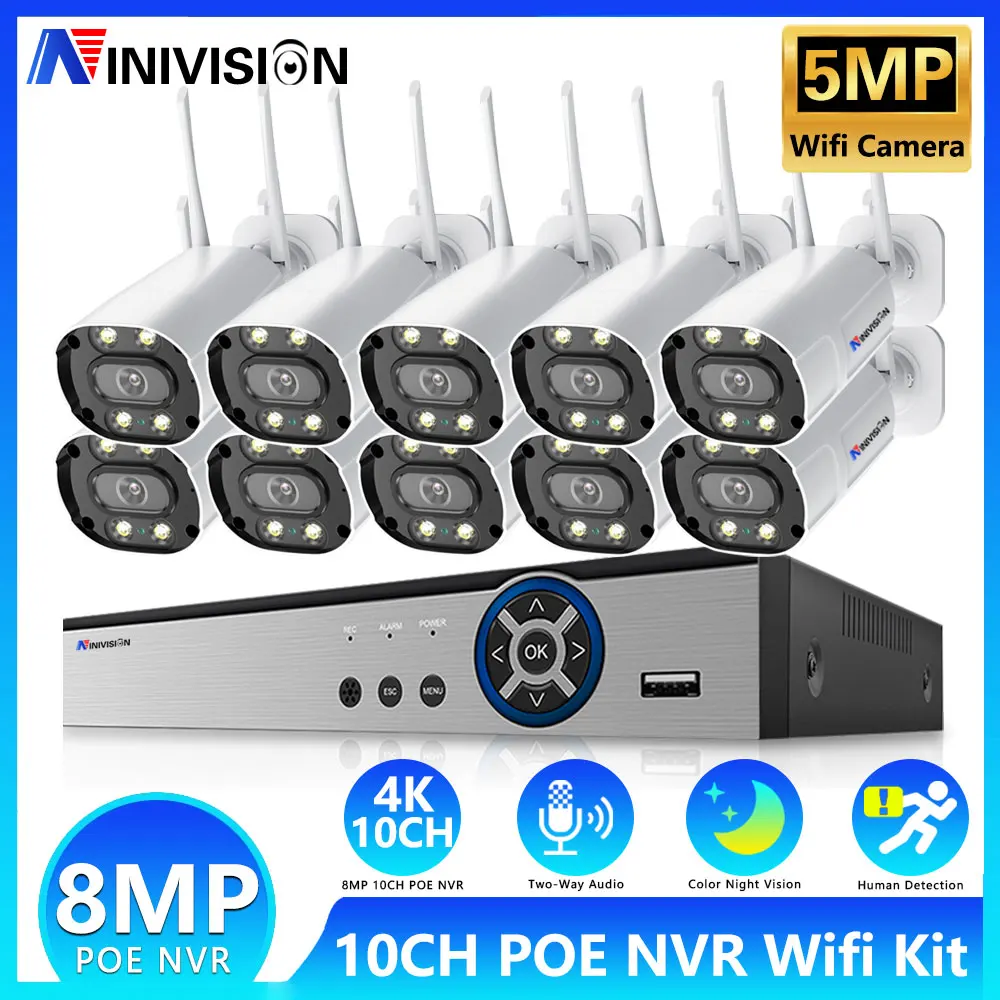 

10CH NVR Wireless Camera CCTV System H.265+ 4K POE NVR With 5MP Wifi Camera Two Way Audio Security System Video Surveillance Kit