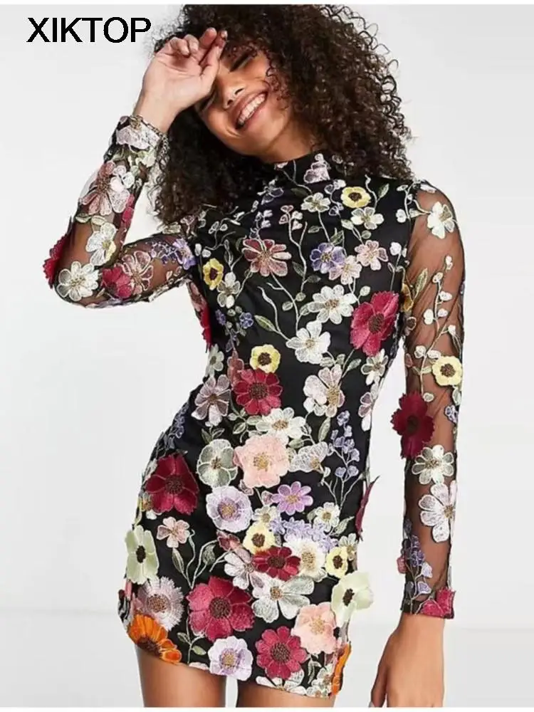 

Xiktop Floral Embroidery Elegant Luxury Women Mini Dress High Collar Long Sleeve Dresses 2023 Spring Evening Party Lady Vestido