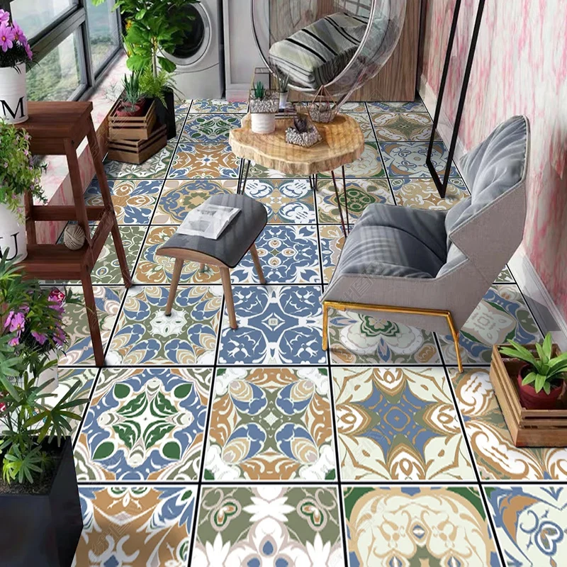 Custom Self-Adhesive Floor Mural Wallpaper 3D Retro Waterproof Tiles Floor Painting Mosaic Balcony Kitchen Bathroom PVC Stickers