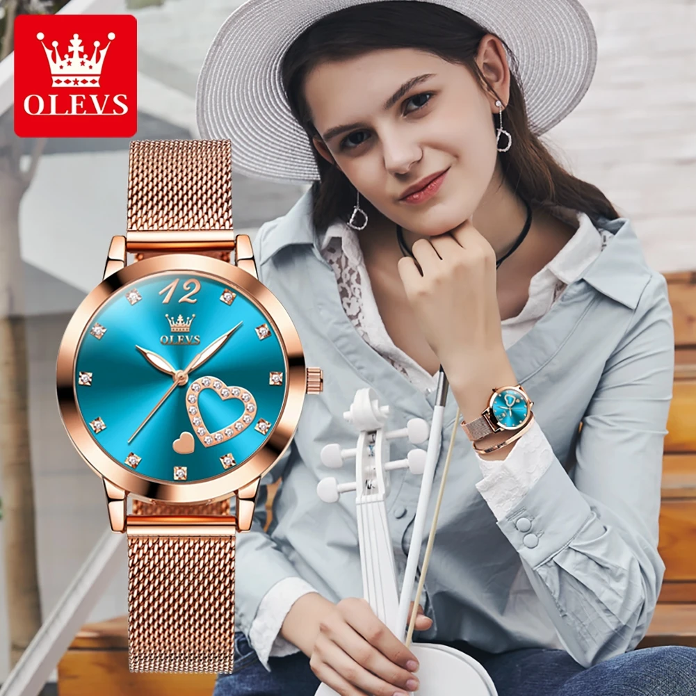 OLEVS Fashion Blue Dial Quartz Watch for Women Stainless Steel Rose Gold Mesh Strap Waterproof Womens Watches Top Brand Luxury