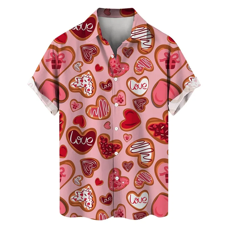 thumbnail image 1 of Camisas con botones para el día de San Valentín con estampado 3D para hombre, camisas casuales de verano de manga corta con cuello extendido para la playa, camisas de moda para hombre, 1 of 5