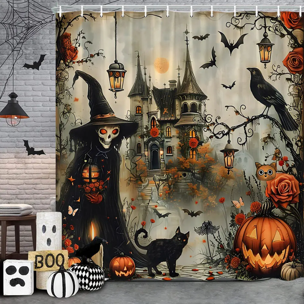 Spooky Horror Halloween Skeleton Crow Shower Curtain Black Bat Black Cat Polyester Fabric Bath Curtain Bathroom Decor With Hooks 3