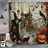 Spooky Horror Halloween Skeleton Crow Shower Curtain Black Bat Black Cat Polyester Fabric Bath Curtain Bathroom Decor With Hooks 3