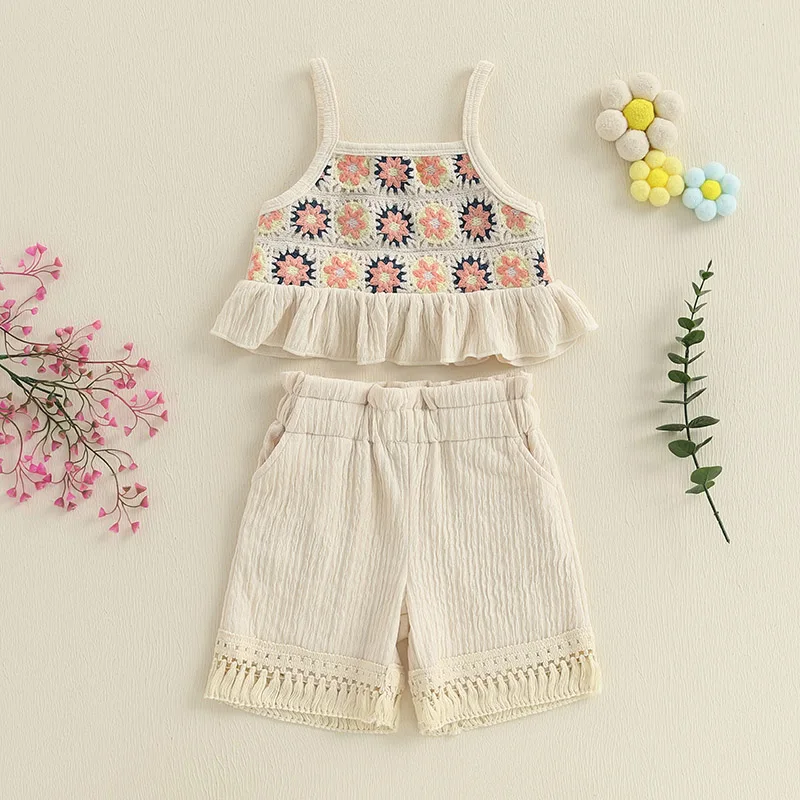 Description Picture 4 of itemSummer Infant Baby Girl Floral 2 Pcs Clothing Set Fashion Toddler Ruffled Trim Sleeveless Tank Tops and Tassel Shorts Clothes