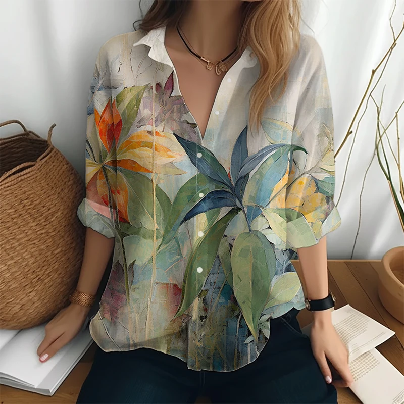 

Spring and Autumn High -quality Turn-down Collar Shirt Female Classic Buttons Shirt Fashion Retro 3D Printed Long -sleeved Shirt