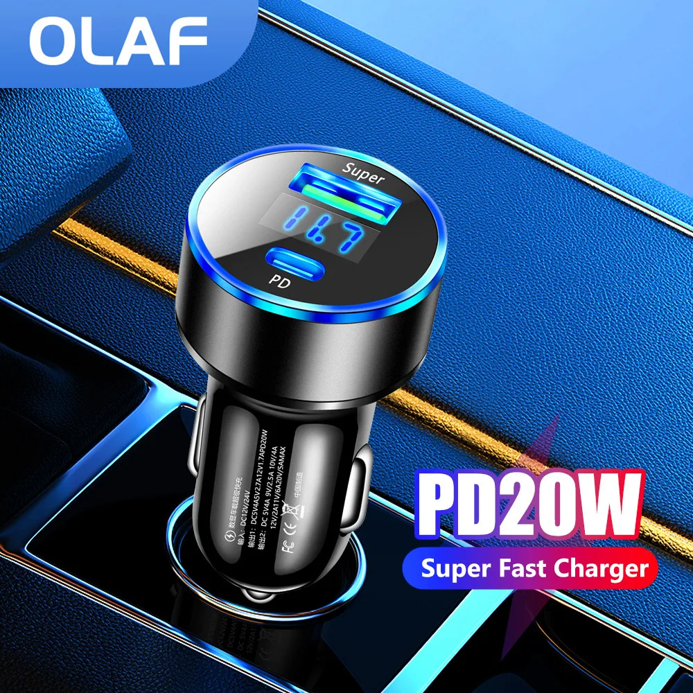 USB Car Charger 20W PD Fast Charging Charge Adapter Digital Display