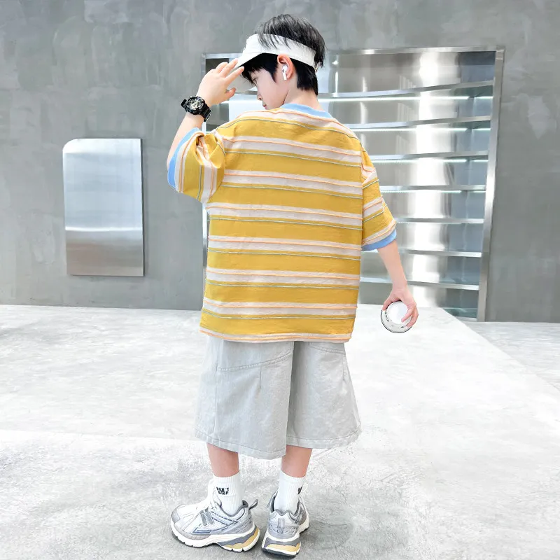 Boys Summer Outfit Set Striped Short Sleeve Sporty Thin Cool Casual Children's Clothing Two-Piece Set for Ages 4-17 - 5