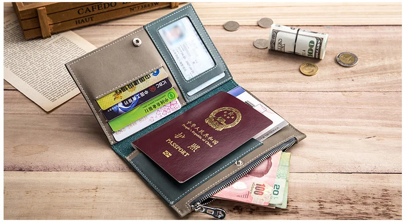 

Passport bag leather men's and women's security travel wallet multi-function bag zipper ultra-thin ticket clip documentation