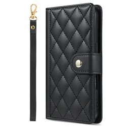 Luxurious 3D Grid Leather Wrist Strap Phone Wallet Case with Card Flip Cover - iPhone SE (2020) (PY - XF - black)