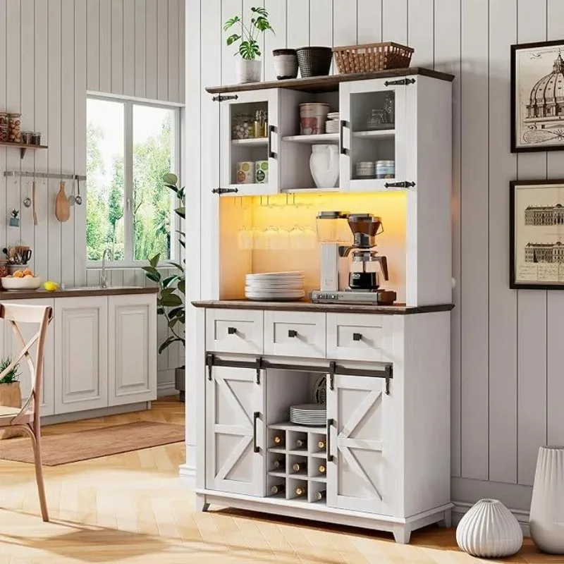 

AMERLIFE Bar Cabinet w/Sliding Barn Door & LED Lights, 72" Coffee Bar Buffet Sideboard with Drawers & Wine Bottle Rack,