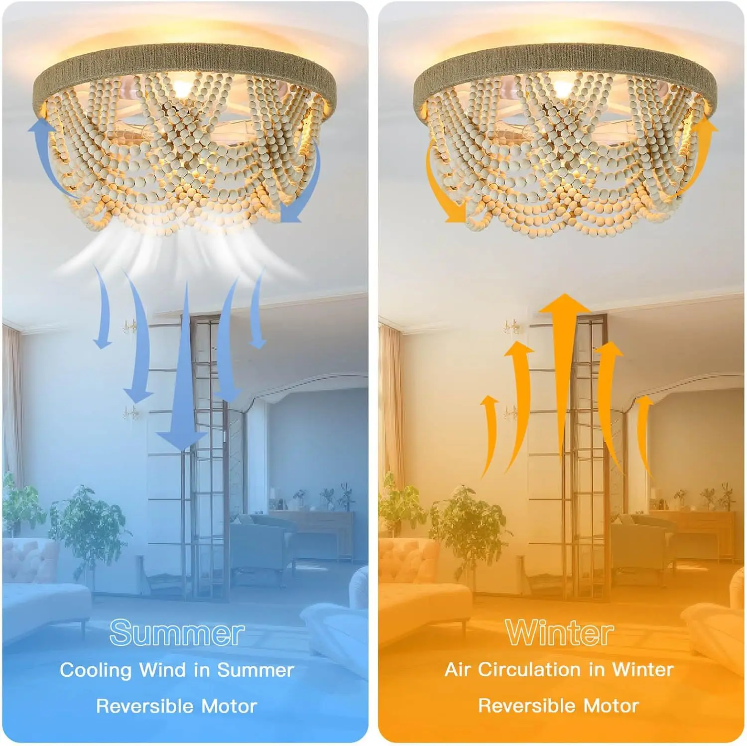 Beaded invisible ceiling Fan Lights For bedroom, living room bohemian style ceiling fan Lamp dining room fan light