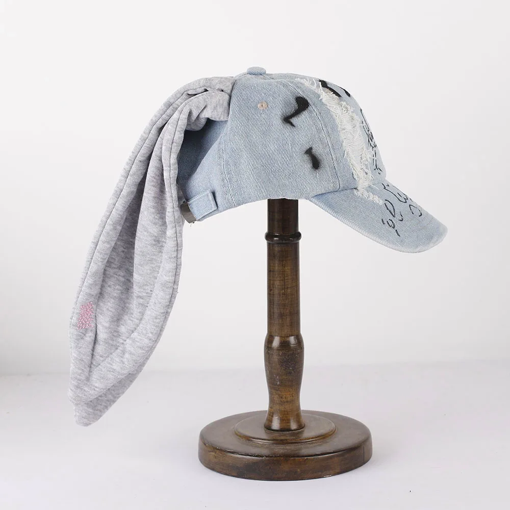 New MinJi Haerin OMG Stage Long Rabbit Ear Hat Y2K Style Denim