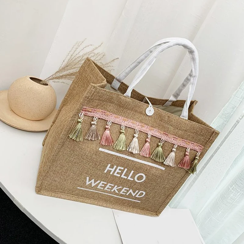 Women Beach Bags Handbags Large Capacity Lady Tassel Shoulder Bag Big Letter Linen Totes Casual Girls Travel Shopping Bag
