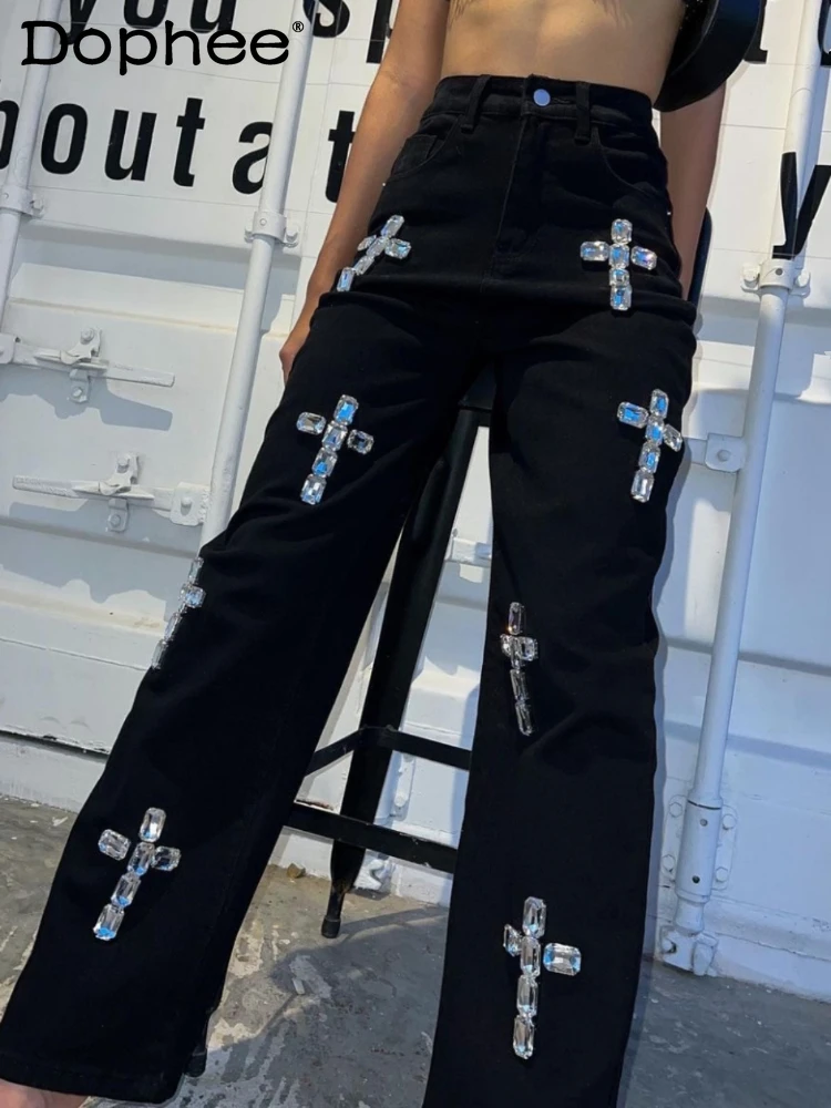 Rhinestone Crystal Beaded Straight High Waisted Jeans Female Spring Autumn Vintage Clothes Baggy Jeans High Street Black Jeans