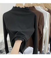 Double-Sided Fce Thiened Slim Fit f-High Collar Base irt Inner Wear Wood ain  Pure Color T-irt Women's Faion