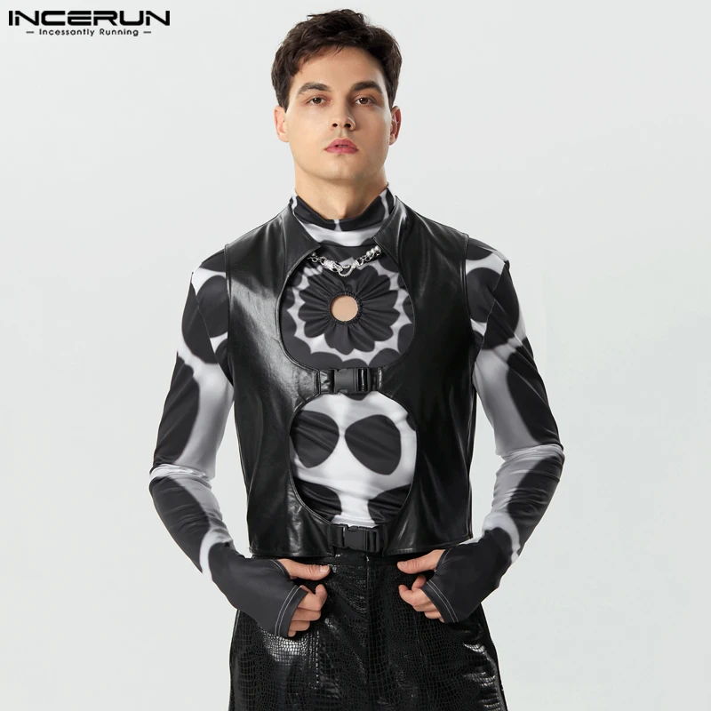 

INCERUN Men Vests Solid Color Hollow Out PU Leather Sleeveless Casual Male Waistcoats Streetwear 2023 Button Fashion Crop Vests