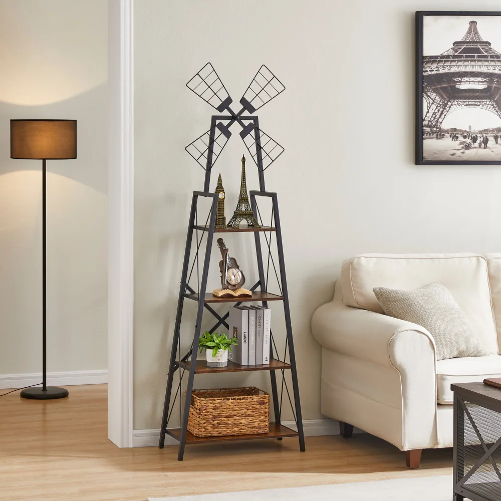 4-Tier Narrow Book Shelf, Bookcase for  Office, Living Room, Bedroom, Kitchen, Rustic Brown and Black 4